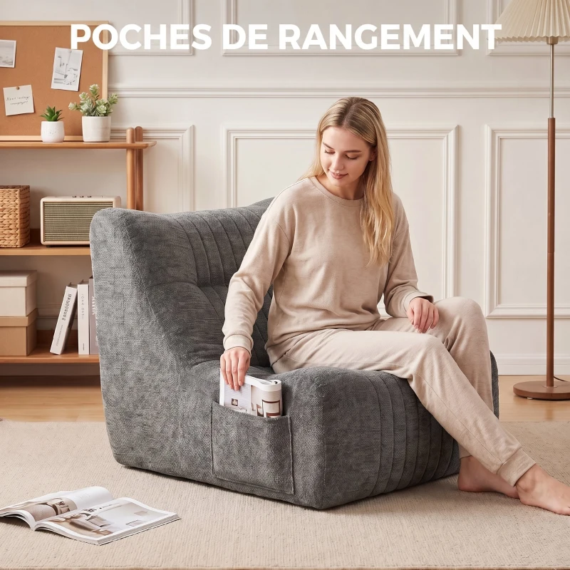 HOMCOM Canapé Paresseux Chaise de Sol à Silhouette Papillon avec Poches Latérales, sans Assemblage, 80x90x76cm, Gris Châtaigne