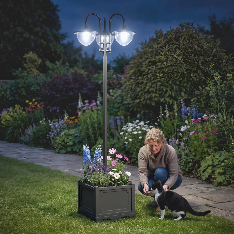 Outsunny 189cm 3-head Solar Lamp Post, Street Light with Planter, Automatic-on, 6 Hour Max Outdoor Ready LED Lighting, Black