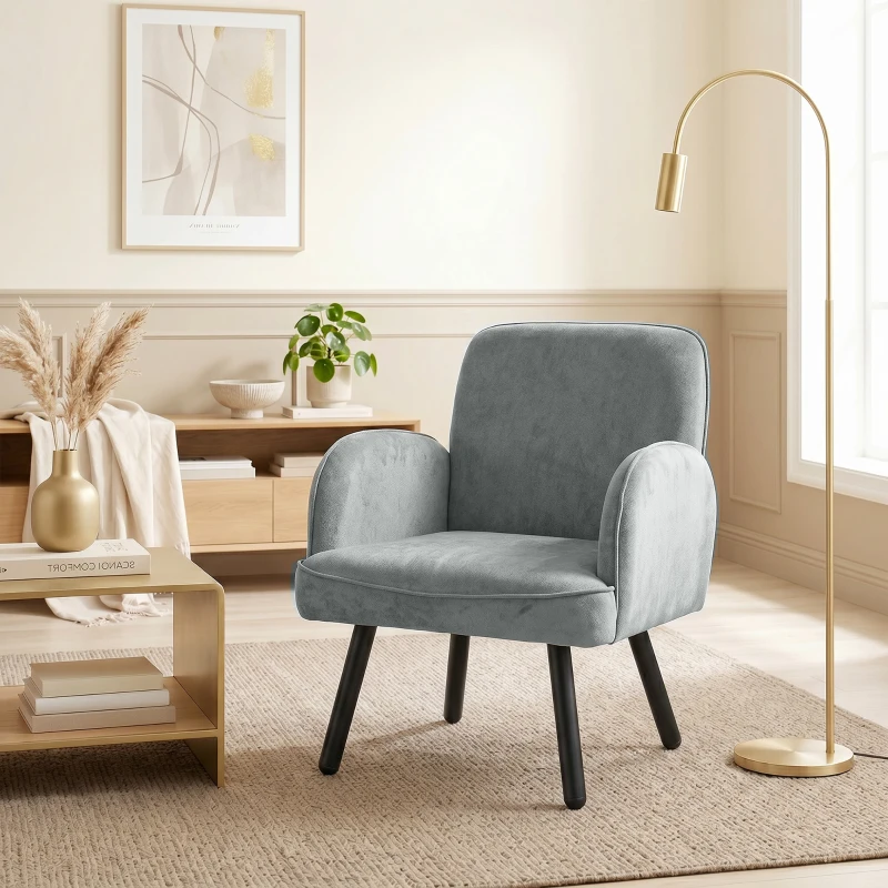 HOMCOM Lounge Chair Velvet Upholstered Armchair with Spring Cushion for Living Room Bedroom Grey