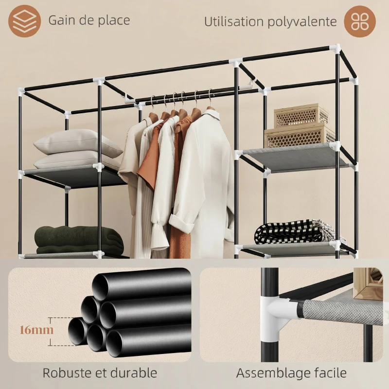 HOMCOM Armoire de rangement penderie en tissu pliable avec barre de suspension et étagères, 150 x 43 x 162,5 cm, gris clair