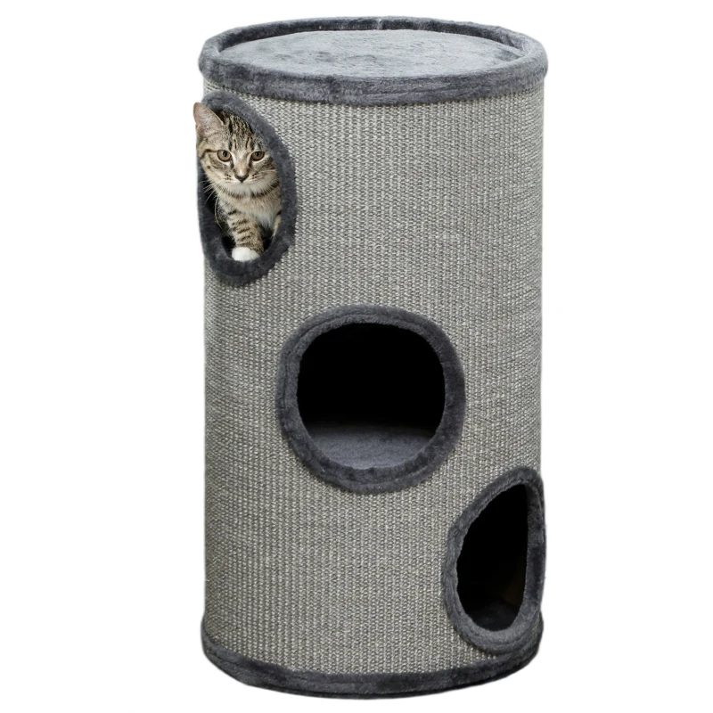 PawHut Tonneau à gratter pour chat, tour à griffer en sisal à 3 niveaux recouvert de peluche, Ø 38 x 70 cm, gris clair