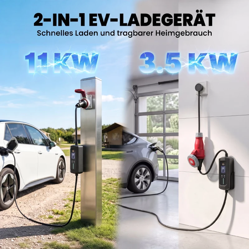 HOMCOM Mobile Wallbox 11kW 8m Typ 2 6–16 A 3-Phasig Ladekabel CEE 16A auf Typ 2 mit Einstellbarer Ladeleistung Startzeitvorwahl