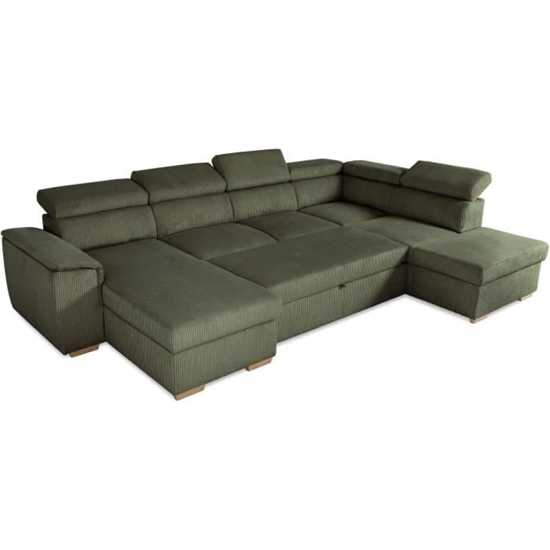 Canapé d'angle convertible panoramique 5 a 6 places DAYTONA - Velours côtelé kaki - Avec coffre - L 326 x H 94 x P 216 cm