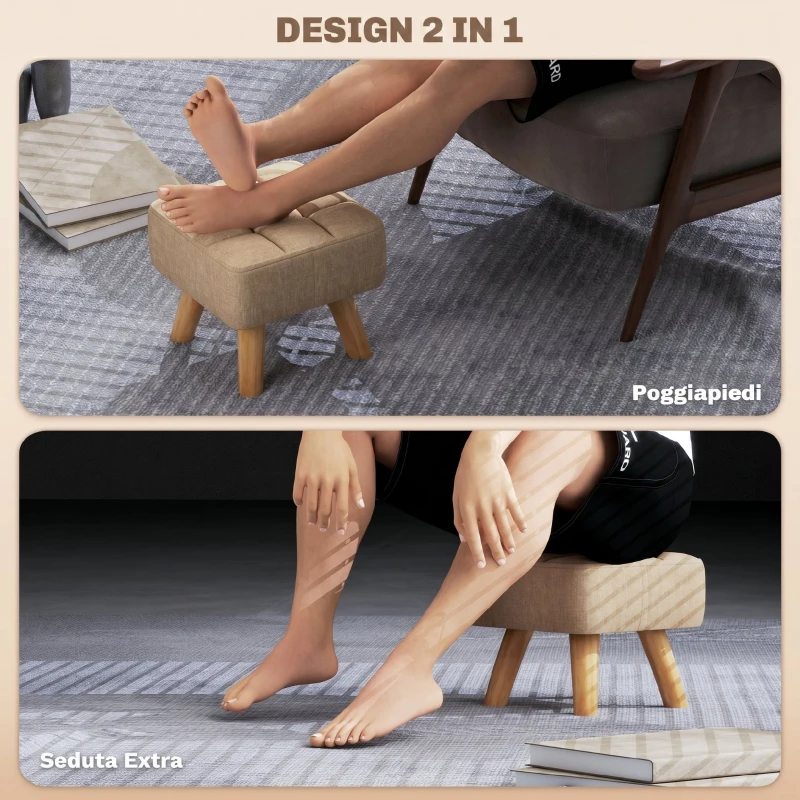 HOMCOM Pouf poggiapiedi in tessuto effetto lino, 27x27x26 cm, marrone