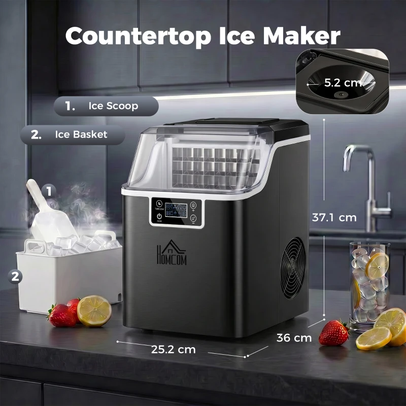 HOMCOM 3.2L Compact Ice Machine, with LCD Screen and Accessories - Black