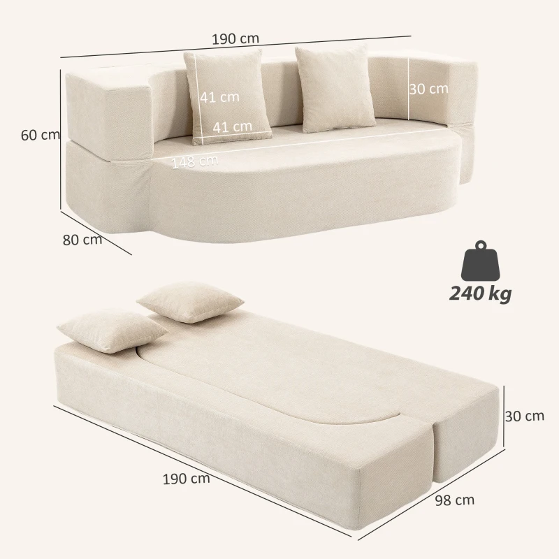 HOMCOM Canapé Convertible 2 Places, Canapé-Lit en Chenille 190cm, Dossier Rabattable, Assise et Accoudoirs Larges, Beige