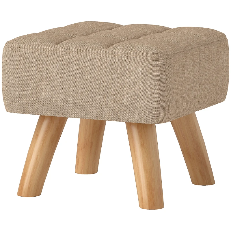 HOMCOM Puf Reposapiés en Tejido Efecto Lino, 27x27x26 cm, Patas de Madera de Caucho, Capacidad Hasta 110 kg, Marrón