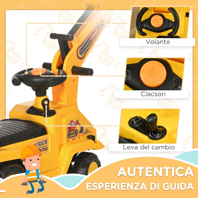 HOMCOM Escavatore per Bambini con Benna e Spazio di Archiviazione, Clacson, Volante, 18-48 Mesi, Giallo