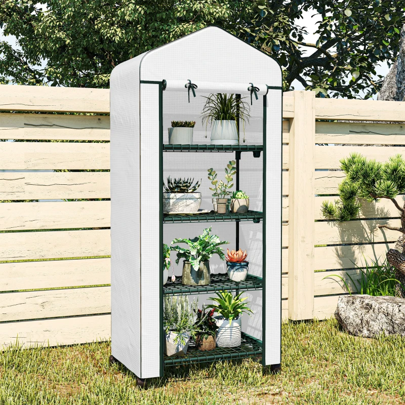 Outsunny 4 Tier Mini Portable Greenhouse Compact Plant Grow Shed Metal Frame PE Cover with Lockable Rolling Wheels, White