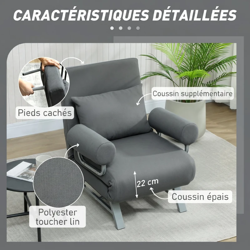 HOMCOM Fauteuil Convertible 1 Place, Fauteuil-Lit Pliable Rembourré en Lin avec Dossier Réglable, Oreiller, Gris Foncé
