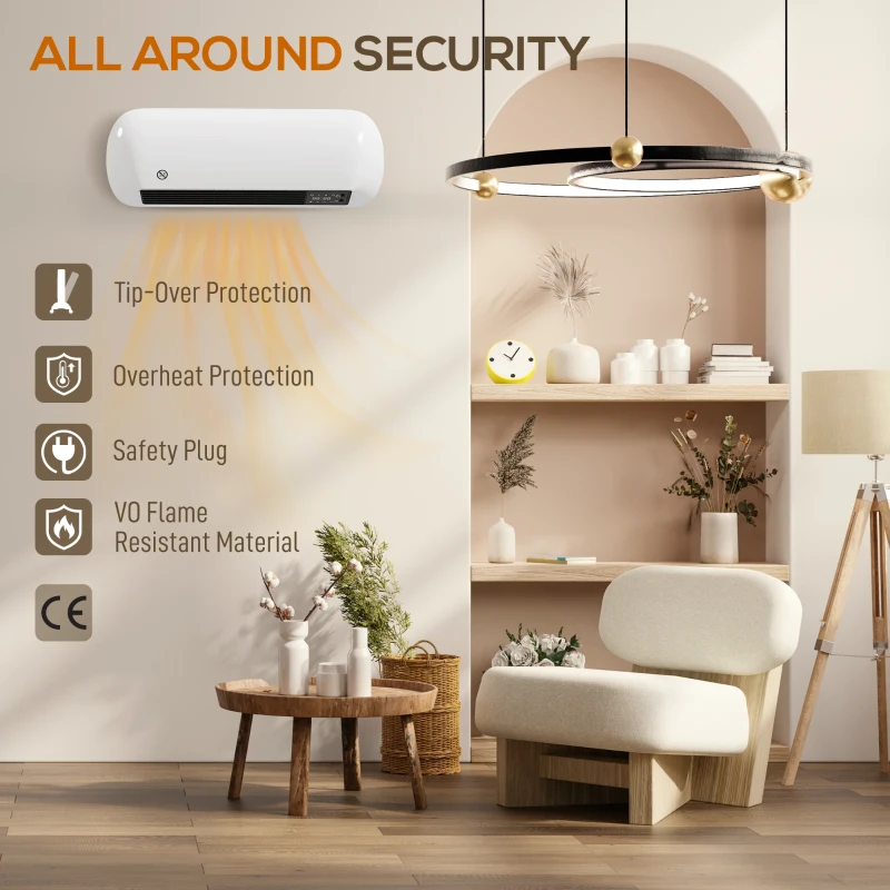 HOMCOM Chauffage mural en céramique 1000/2000W, radiateur électrique, ventilateur, thermostat, minuterie, 50x19x14cm, blanc