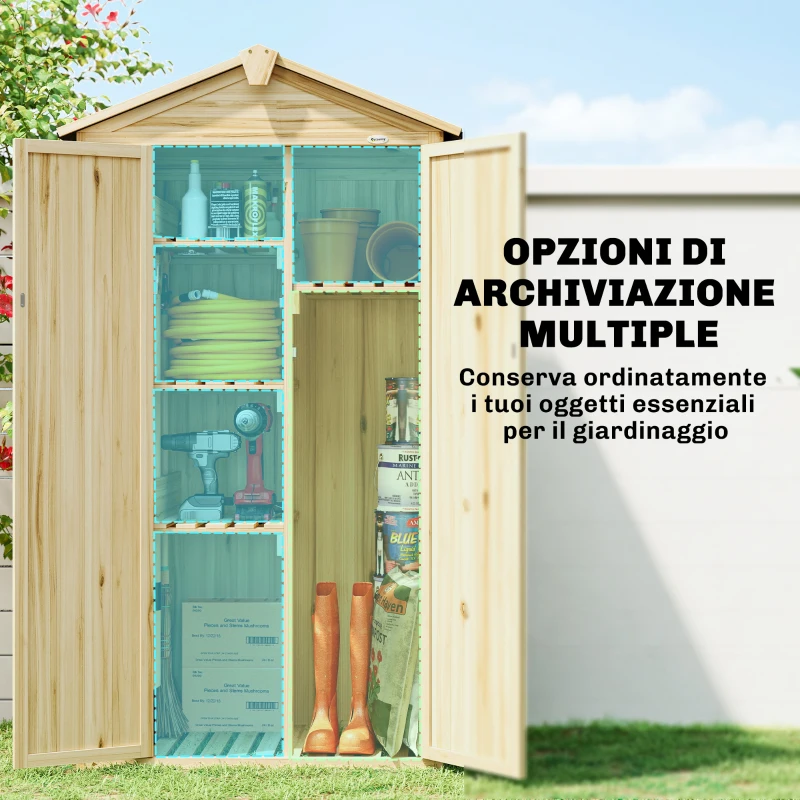 Outsunny Armadio da Giardino a 3 Ante con 4 Ripiani e Ganci, in Legno di Abete, 93x53x168 cm, Color Legno