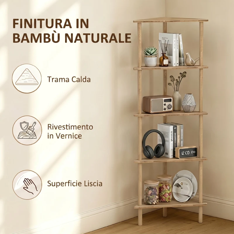 HOMCOM Scaffale Angolare a 5 Ripiani in Bambù, 41.5x21.5x114 cm, Legno