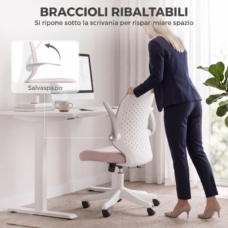 HOMCOM Sedia da Ufficio in Rete con Braccioli Ribaltabili, Altezza Regolabile e Ruote, Rosa e Bianco