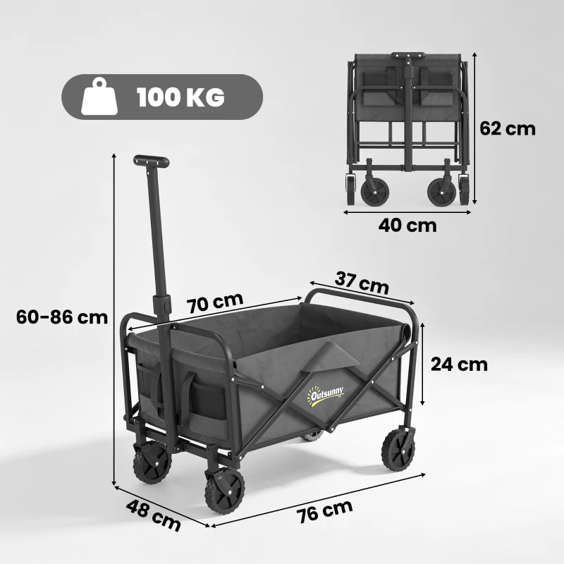 Outsunny 93L Festival Trolley on Wheels, Garden Folding Trolley Cart, 100kg Heavy Duty Collapsible Folding Wagon with Adjustable Handle and Carrying Bag for Beach, Camping, Festival, Grey