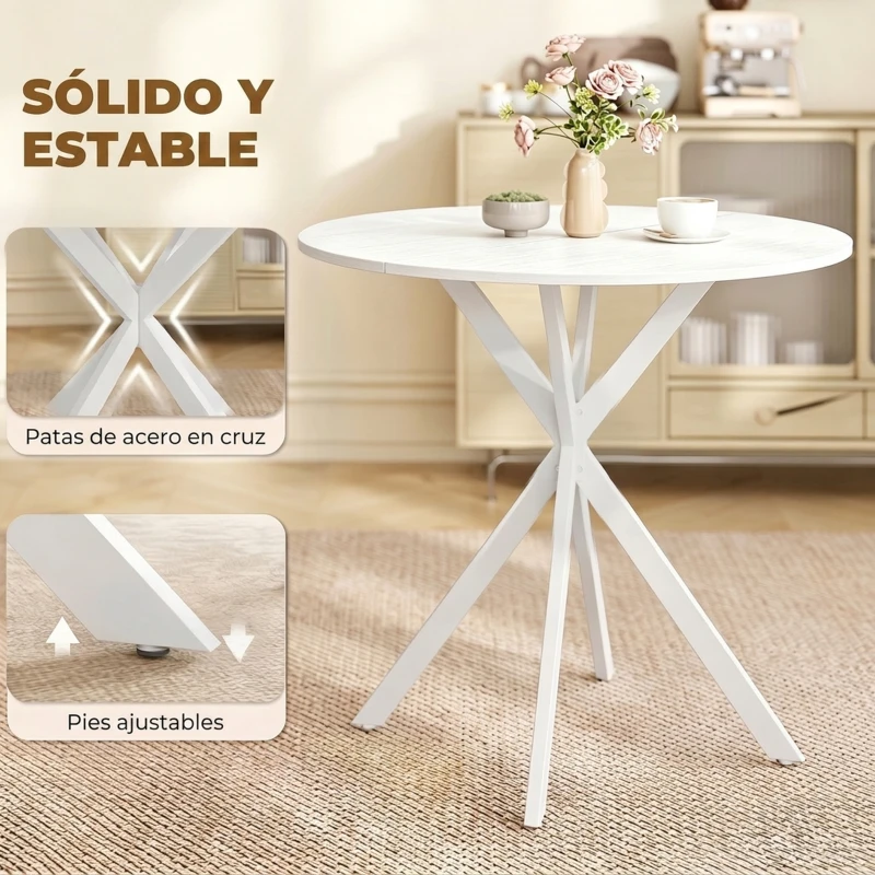 HOMCOM Mesa de Cocina Redonda 80 cm Tablero Compacto de Aglomerado y Metal Blanco