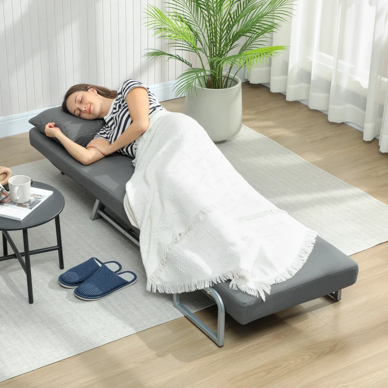 HOMCOM Fauteuil Convertible 1 Place, Fauteuil-Lit Pliable Rembourré en Lin avec Dossier Réglable, Oreiller, Gris Foncé