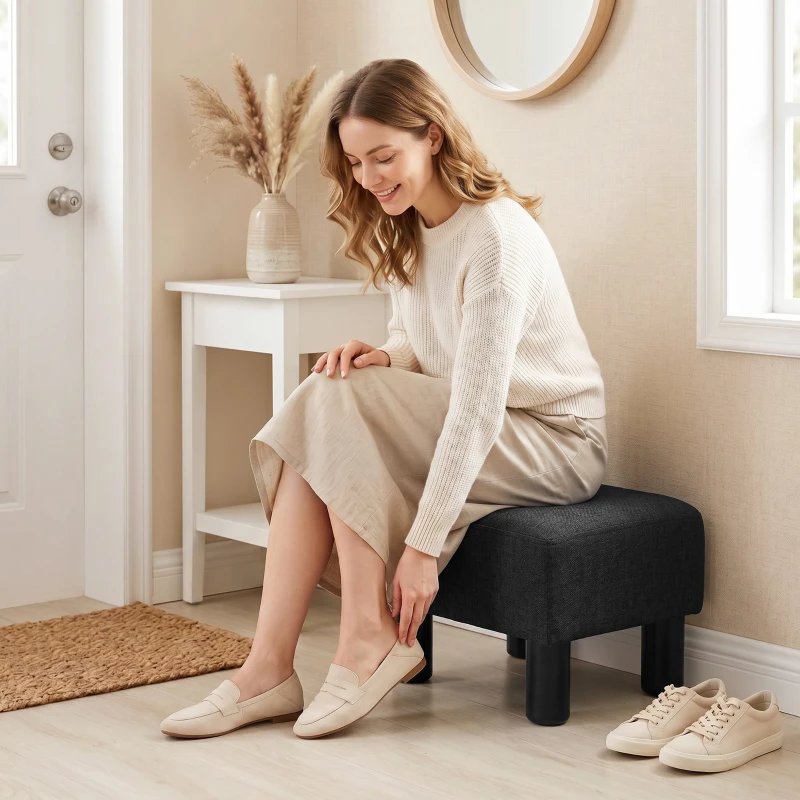 HOMCOM Linen Fabric Footstool Ottoman Cube with 4 Plastic Legs, Black