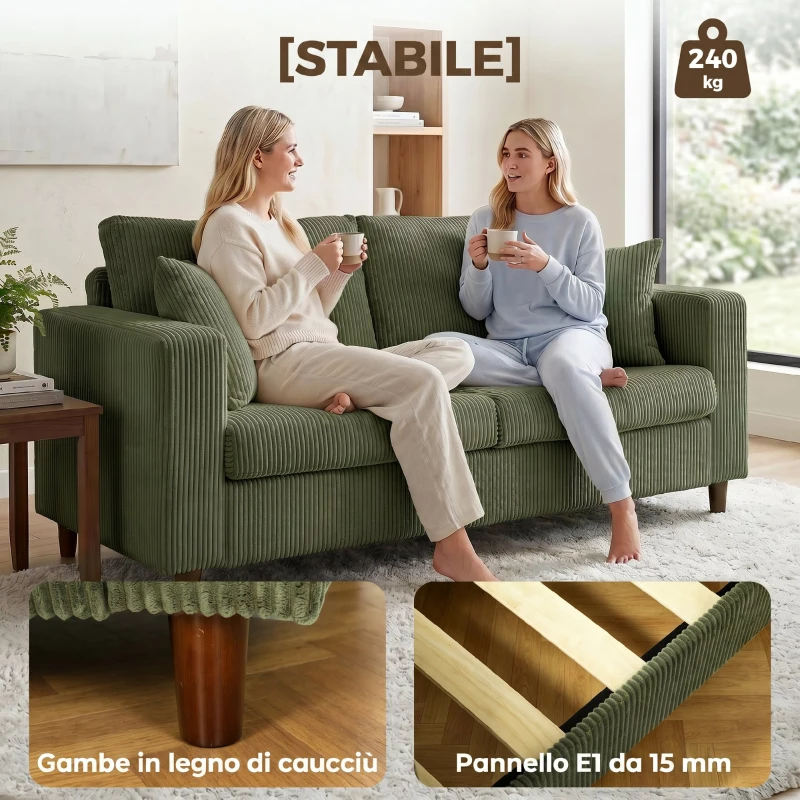 HOMCOM Divano 2 Posti in Velluto a Coste, Seduta Ampia e Profonda e Braccioli Larghi, 170x80x82cm, Verde