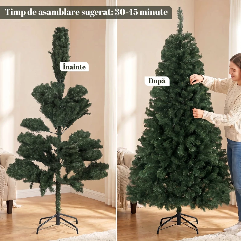 HOMCOM Brad Artificial de Crăciun, 180 cm, 888 Ramuri Ignifuge, Bază Metalică Pliabilă, Verde