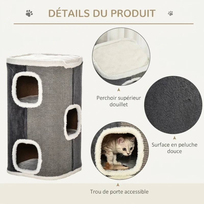 PawHut Tonneau à Gratter pour Chat 3 Niveaux en Peluche et Sisal, 3 Zones, 2 Grands Trous Interconnectés, 40x40x74cm, Gris