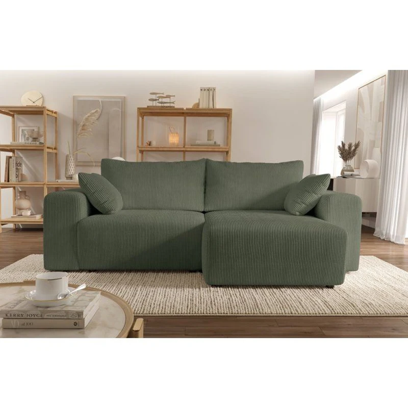 Canapé d'angle convertible réversible - 5 places - BOMBEY - Velours côtelé Vert - 264 x 162 x 85 cm