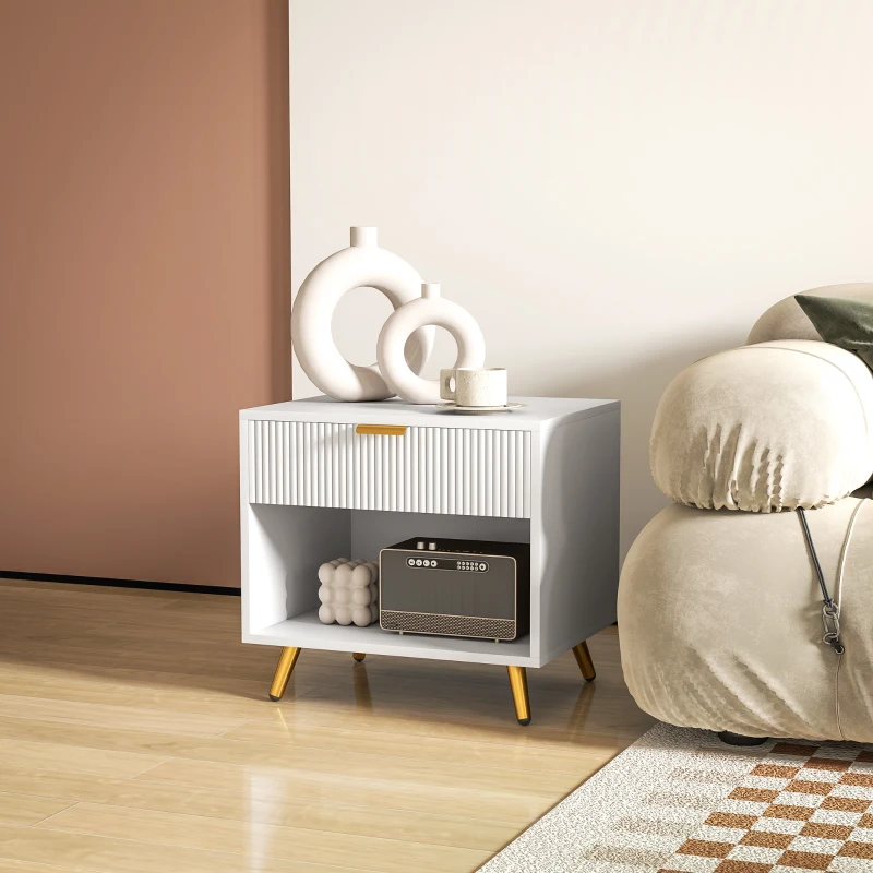 HOMCOM Mesita de Noche Moderna Mesilla de Noche con Cajón y Compartimento Abierto para Dormitorio Salón 50x40x47 cm Blanco