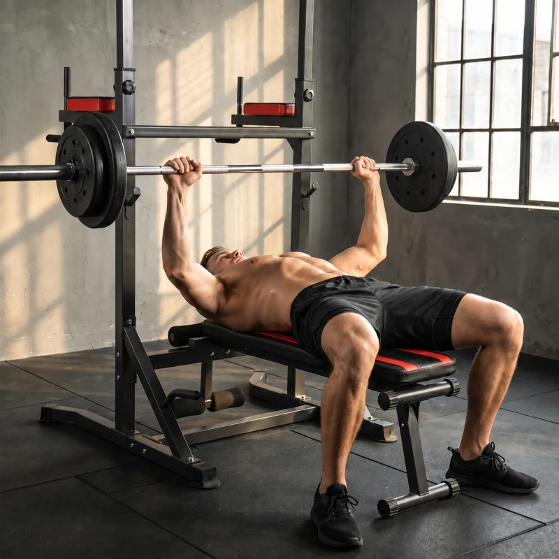 HOMCOM Estación de Musculación Plegable Altura Ajustable con Barra de Dominadas Banco Reclinable para Gimnasio Negro y Rojo