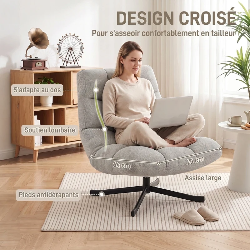 HOMCOM Fauteuil salon sans accoudoirs, chaise pivotante en tissu chenille imperméable, assise large, 75 x 95 x 90 cm gris clair