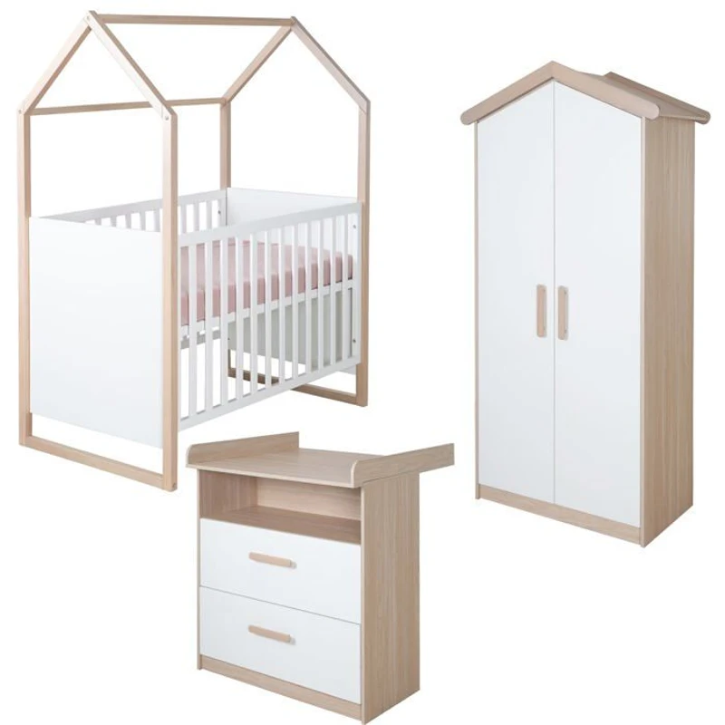 Chambre bébé complete : Lit 60 x 120 cm + commode a langer évolutive + armoire - CABANE - ROBA - Chene / Blanc