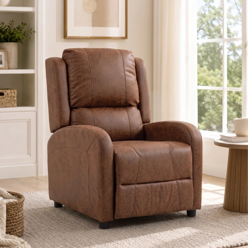 HOMCOM Sillón Relax Reclinable Manual Tapizado en Cuero Sintético Instalación Rápida Reposapiés Acolchado Grueso Marrón