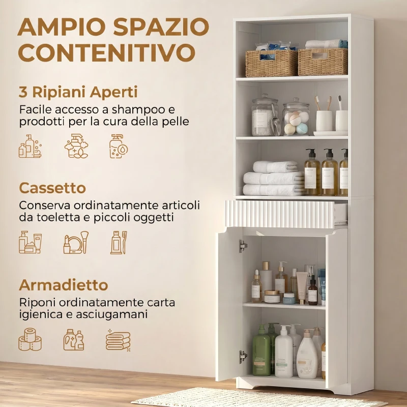 HOMCOM Mobile Bagno Alto, Armadietto Stretto con 3 Ripiani Aperti e Cassetto, in Legno, 60x30x171 cm, Bianco