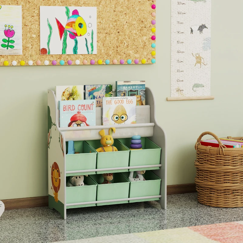 AIYAPLAY Estantería Infantil para Juguetes con 6 Cajas Extraíbles de Tela no Tejida y 2 Estantes para Guardería 63x30x71 cm Verde