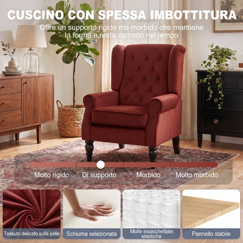 HOMCOM Poltrona da Salotto in Velluto con Ampia Seduta e Gambe in Legno di Eucalipto, Rosso Vino