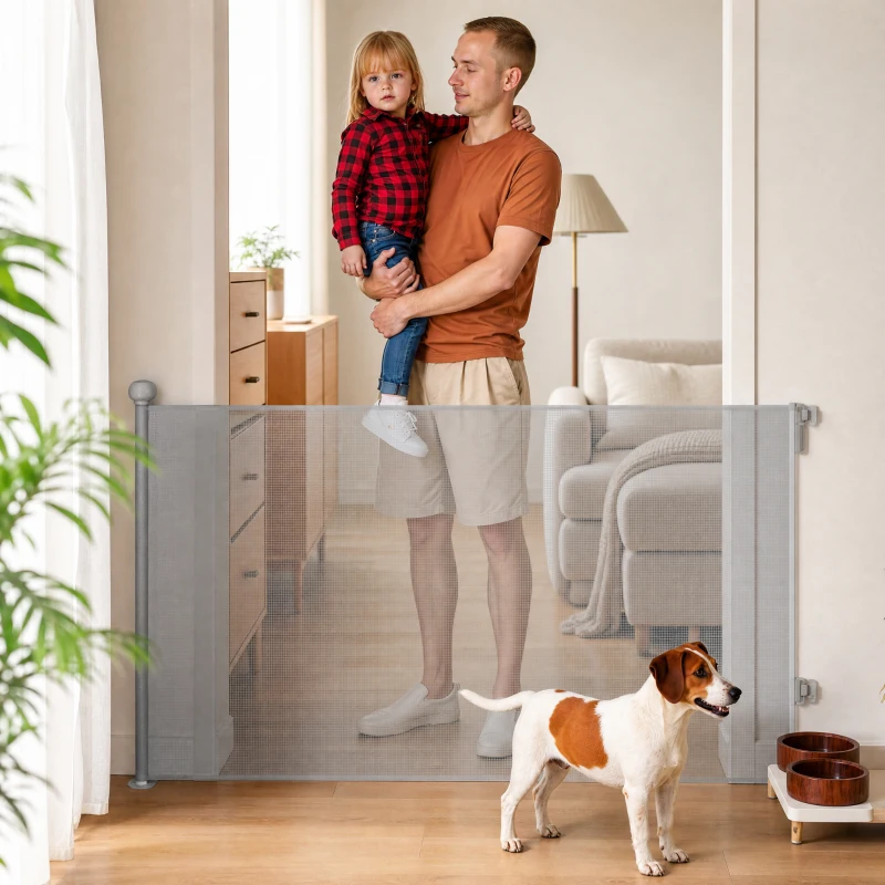 PawHut Retractable Stair Gate Extends Up to 140 cm Wide, Dog Gate for Doorways, Stairways, Hallways, Grey