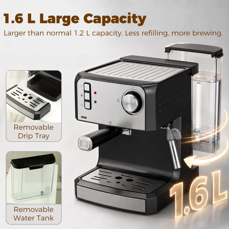 HOMCOM Espressomaschine, 20-Bar-Kaffeemaschine mit Milchaufschäumdüse, 1,6-l-Wassertank, Schwarz