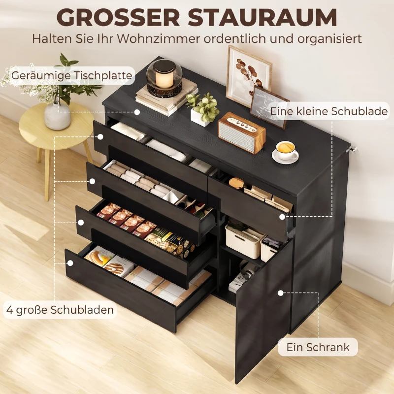 HOMCOM Modernes Sideboard, Stauraum-Sideboard mit 5 Schubladen, verstellbarem Regal, Soft-Close-Tür, Schwarz Hochglanz