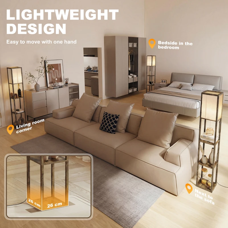 HOMCOM 3-Tier Floor Lamp with Shelves and Storage, Modern Corner Standing Lamp with Lampshade, Foot Switch for Living Room, Bedroom, Home Office, Bulb not Included, Brown