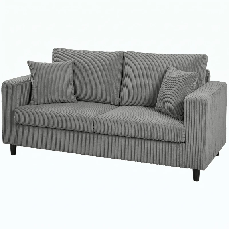HOMCOM Loveseat Sofa with Wide Seat, Corduroy 2 Seater Couch with Deep Seat, Spring Cushion, Light Grey