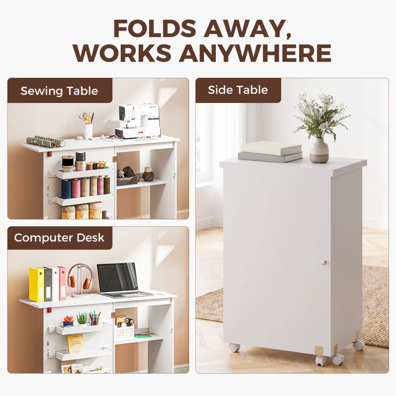 HOMCOM Folding Sewing Table, Drop Leaf Craft Table with Storage Bins, Open Shelf and Wheels, Rolling Sewing Machine Cabinet Computer Desk for Small Space, White