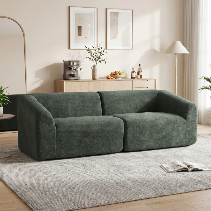 HOMCOM Canapé 3 places en chenille 225 cm, canapé salon rembourré moderne avec assise large, coussin à ressorts, vert foncé