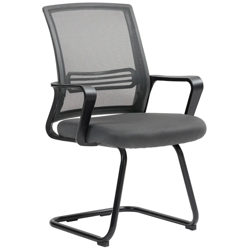 HOMCOM Padded Meeting Office Chair, Ergonomic Desk Chair No Wheels with Sled Base for Bedroom, Waiting, Reception, Dark Grey