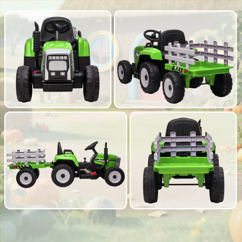 HOMCOM Trattore Elettrico per Bambini 3-6 Anni con Rimorchio Rimovibile, Batteria 12V e Telecomando, Verde