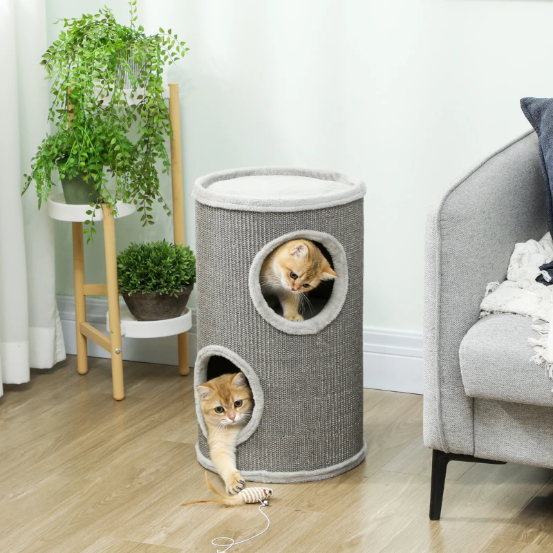 PawHut Tonneau à Gratter pour Chat, Tour à Griffer, Arbre à Chat à 2 Couches en Sisal Naturel, Ø35x60cm, Gris Clair