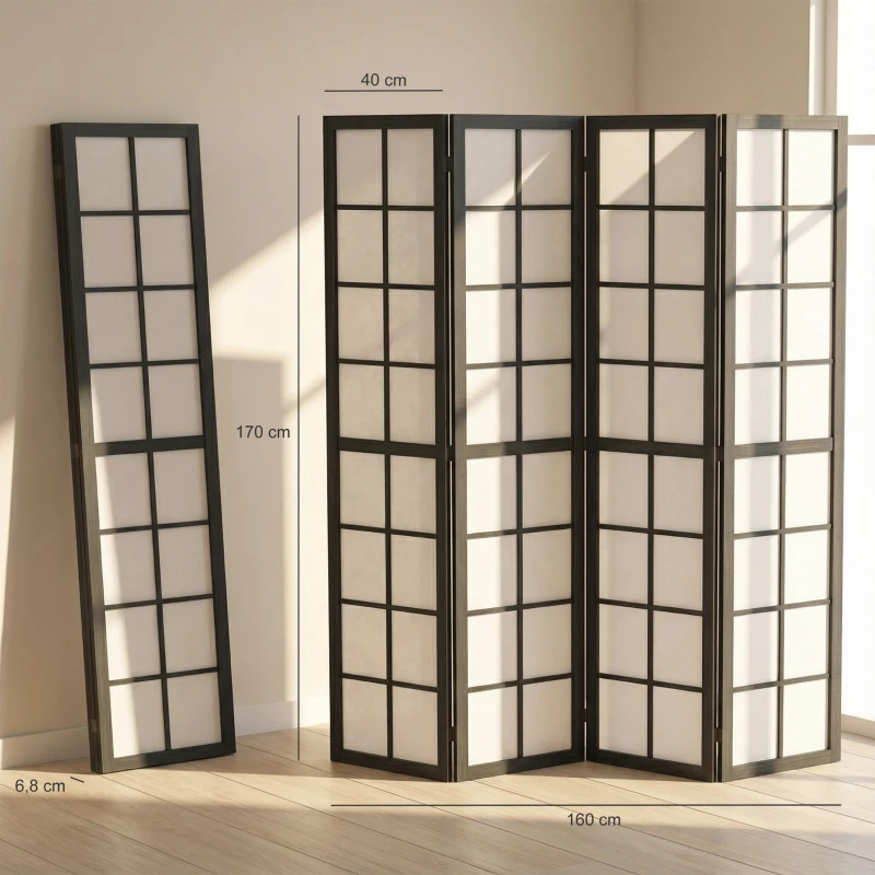 HOMCOM Paravento da Interno a 4 Pannelli Pieghevole in Legno e Tessuto, 160x170 cm, Nero e Bianco