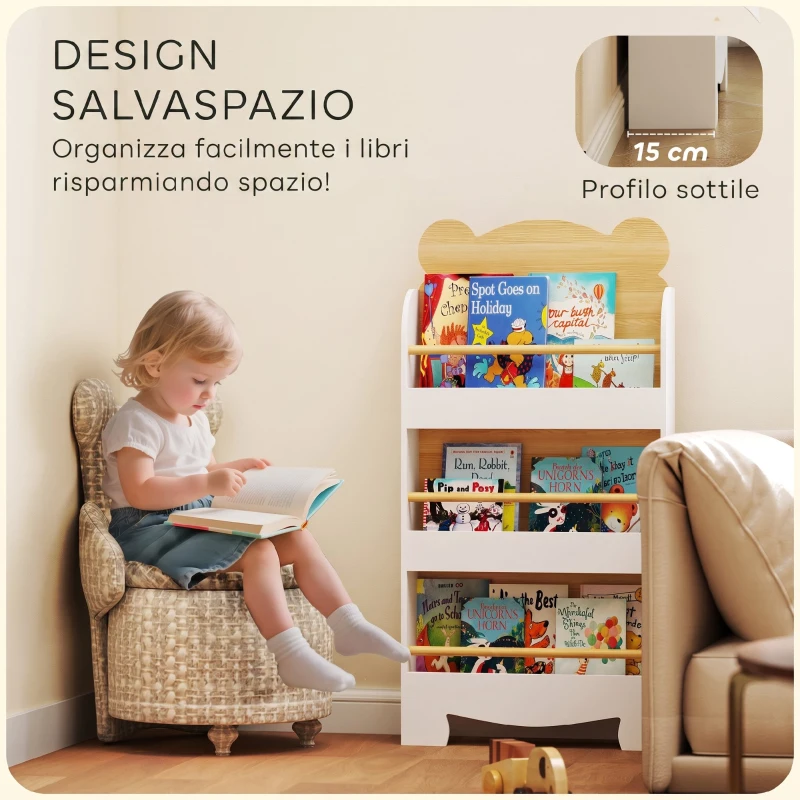 AIYAPLAY Libreria per Bambini con 3 Ripiani a Forma di Orsetto con Barriere Frontali, 55x15x110 cm, Color Legno