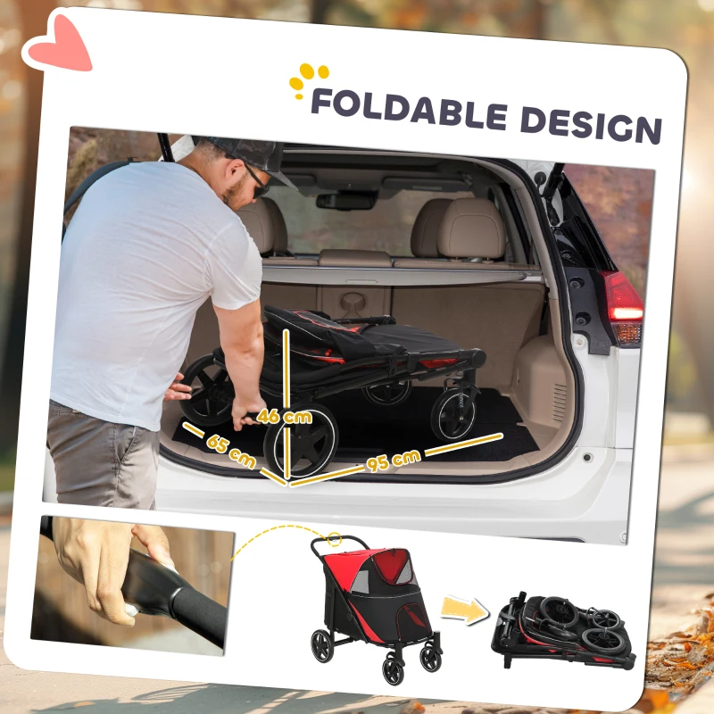 PawHut Foldable Pet Stroller, with Universal Wheels, Shock Absorber, for Medium and Large Dogs - Red(m-5)