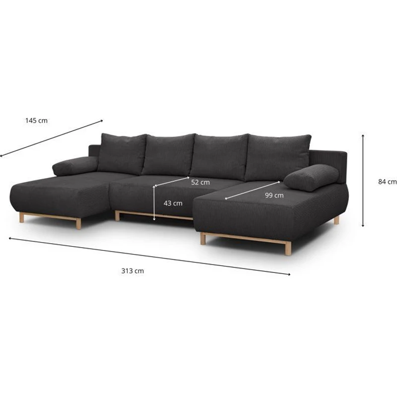 Canapé convertible avec coffre - 6 places - Velours côtelé - Gris anthracite - Style Scandinave - L 313 x H 84 x P 145 cm - MIKA