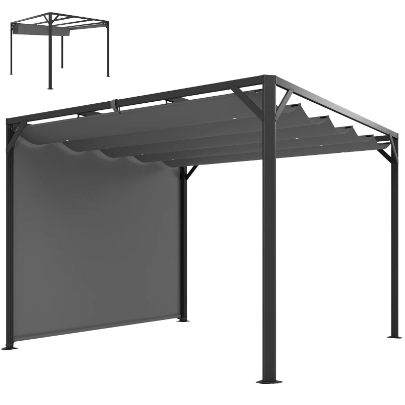 Outsunny Gazebo Pergolă Retractabilă 3x3 m cu Tendă Rulantă și Orificii de Drenaj, din Oțel și Poliester Gri Închis
