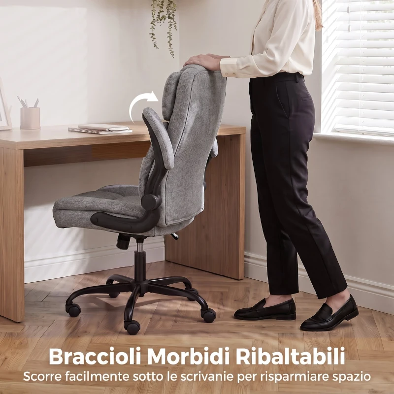 HOMCOM Sedia da Ufficio Girevole in Tessuto con Braccioli Ribaltabili, Altezza Regolabile e Dondolo, Grigio